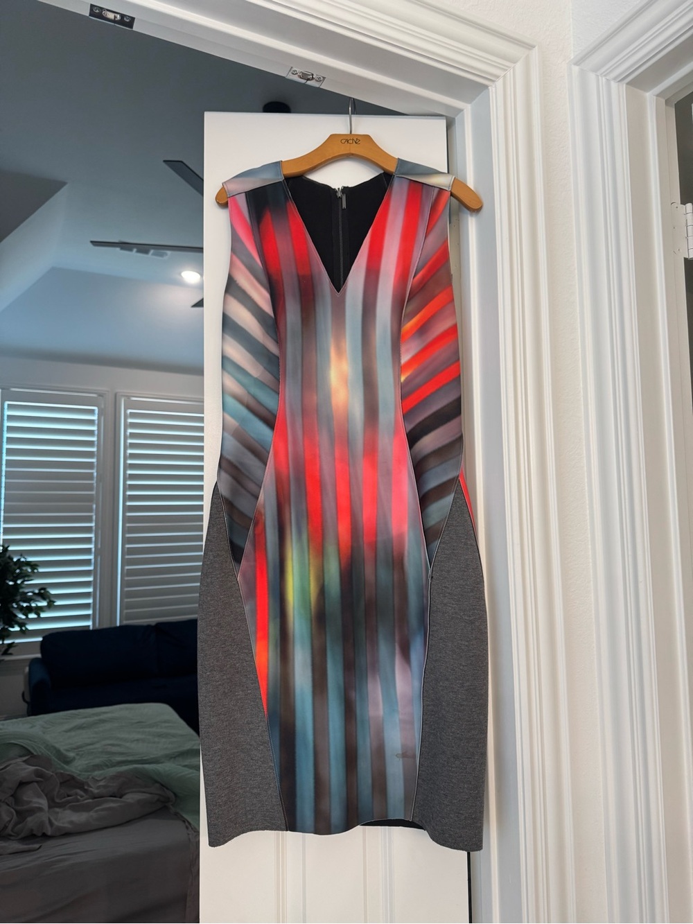 Elie Tahari Multicolor Stripe V-Neck Midi Dress with Gray Panels